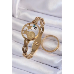 316L Çelik Altın Renk İçi Nazar Boncuk ve Yıldız Figürlü Açılabilir Fanus Kelepçe