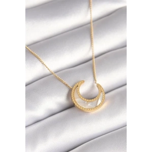 316L Çelik Gold Renk Beyaz Sedefli Hilal Model Kadın Kolye