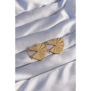 316L Çelik Gold Renk Çizgili Plaka Tasarımlı Kalp Küpe