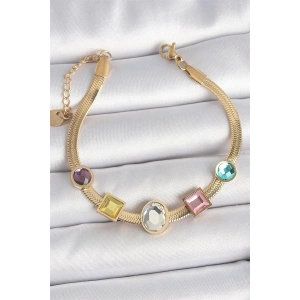 316L Çelik Gold Renk İtalyan Zincir Renkli Zirkon Taşlı Kadın Bileklik