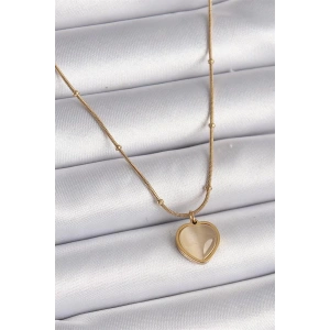 316L Çelik Gold Renk Kedi Gözü Sedefli Kalp Model Kadın Kolye