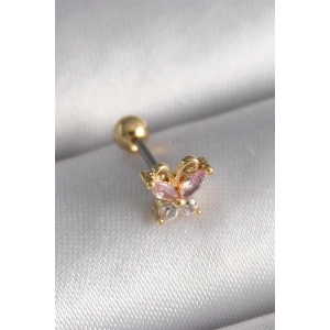 316L Çelik Gold Renk Pembe Zirkon Taşlı Kelebek Tragus Piercing