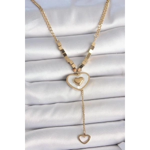 316L Çelik Gold Renk Zincir Beyaz Mineli Kalp Figür Sallantı Detay Kadın Kolye