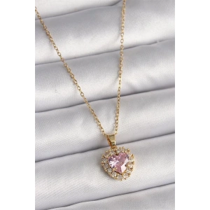 316L Çelik Gold Renk Zincir Pembe Zirkon Taşlı Kalp Model Kadın Kolye