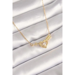 316L Çelik Gold Renk Zincir Zirkon Taşlı Ok Kalp Model Kadın Kolye