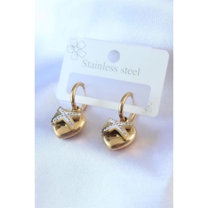 316L Çelik Gold Renk Zirkon Taş Detay Kalp Model Kadın Küpe