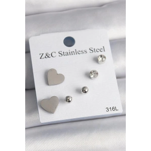 316L Çelik Gold Renk Zirkon Taşlı Kalpli Kadın Küpe Seti