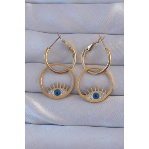 316L Çelik Gold Renk Zirkon Taşlı Mavi Göz Tasarımlı Halka Küpe