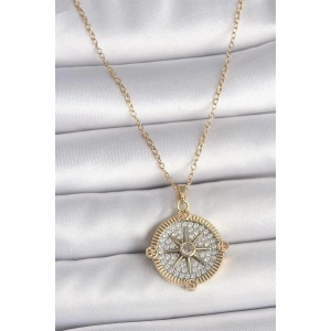 316L Çelik Gold Renk Zirkon Taşlı Pusula Model Kadın Kolye