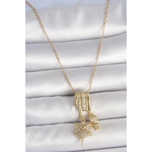 316L Çelik Gold Renk Zirkon Taşlı Sallantı Melek Figür Charm Kadın Kolye