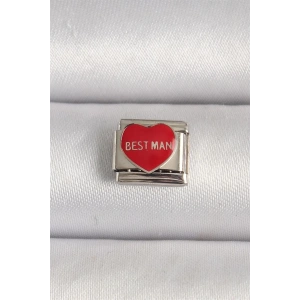 316L Çelik Gümüş Renk Best Man Yazılı Kırmızı Kalp İşlemeli Nomination Charm