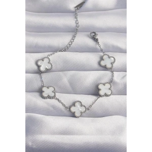 316L Çelik Gümüş Renk Beyaz Sedefli Yonca Bileklik