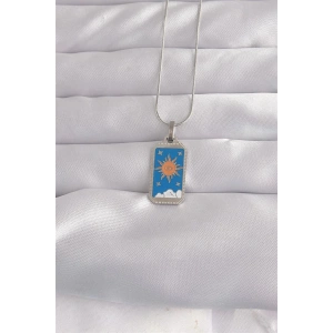 316L Çelik Gümüş Renk Mavi Mineli Güneş Model Tarot Kolye