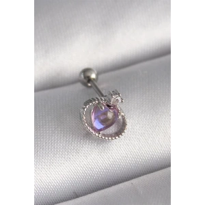 316L Çelik Gümüş Renk Mor Mineli Kalp Zirkon Taş Detay Tragus Piercing