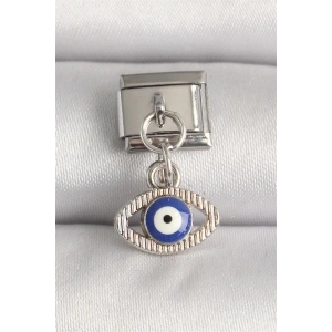 316L Çelik Gümüş Renk Nazar Boncuk Detaylı Göz Model Nomination Charm