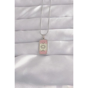 316L Çelik Gümüş Renk Pembe Mineli Ay Figür Tarot Kolye