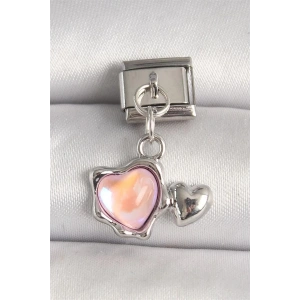 316L Çelik Gümüş Renk Pembe Mineli Kalp Model Nomination Charm