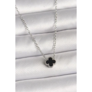 316L Çelik Gümüş Renk Siyah Yonca Model Kadın Kolye