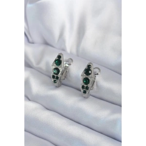 316L Çelik Gümüş Renk Yeşil Kristal Taş İşleme Yılan Model Kadın Küpe
