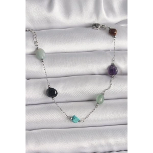 316L Çelik Gümüş Renk Zincir Renkli Doğaltaş Model Kadın Bileklik