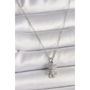 316L Çelik Gümüş Renk Zincir Zirkon Taşlı Ayıcık Figür Kadın Kolye