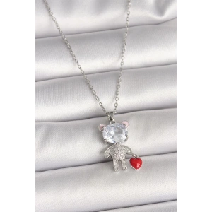 316L Çelik Gümüş Renk Zincir Zirkon Taşlı Ayıcık Model Kırmızı Kalp Detay Kadın Kolye