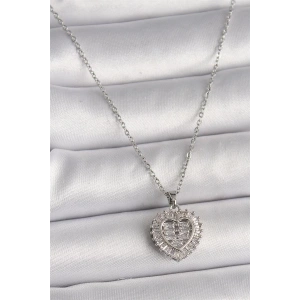 316L Çelik Gümüş Renk Zincir Zirkon Taşlı Kalp Model Kadın Kolye