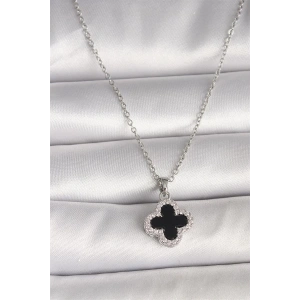 316L Çelik Gümüş Renk Zincir Zirkon Taşlı Yonca Model Kadın Kolye