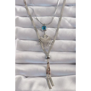 316L Çelik Gümüş Renk Zirkon Taşlı Göz Detay Nazarlı Uzun Asansör Model Kolye