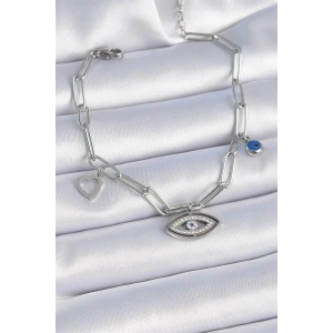 316L Çelik Gümüş Renk Zirkon Taşlı Göz Figür Kalp Detay Kadın Bileklik