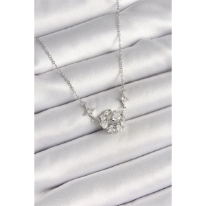 316L Çelik Gümüş Renk Zirkon Taşlı Hilal Kalp Model Kadın Kolye