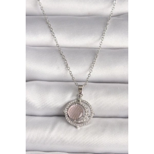 316L Çelik Gümüş Renk Zirkon Taşlı Pembe Sedefli Hilal Model Kadın Kolye