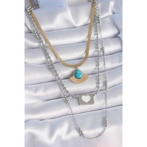 316L Çelik Mix Renk 3lü Zincir Damla Madalyon Figür Uzun Kadın Kolye