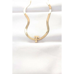 316L Çelik T Harfli Gold Renk İtalyan Zincirli Kolye