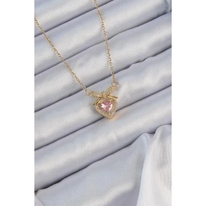 316L Çelik Zincir Altın Renk Pembe Zirkon Taşlı Fiyonklu Kalp Kolye