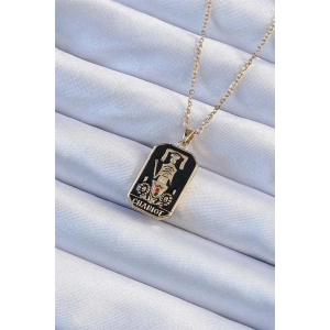 316L Çelik Zincir Altın Renk Siyah Mineli Tarot Kolye