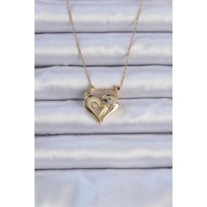 316L Çelik Zincir Altın Renk Zirkon Taşlı Mıknatıslı Kalp Kolye