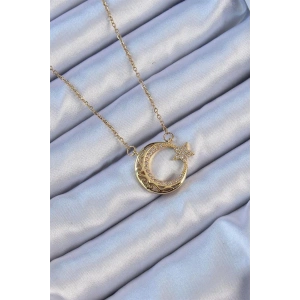 316L Çelik Zincir Altın Renk Zirkon Taşlı Motifli Ay Yıldız Kolye