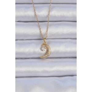 316L Çelik Zincir Altın Renk Zirkon Taşlı Sallantılı Ay Yıldız Kolye