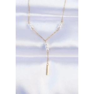 316L Çelik Zincir Gold Renk Minimal İnci Taşlı Sallantılı Kolye
