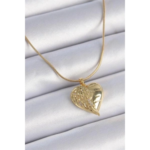 316L Çelik Zincir Gold Renk Zirkon Taşlı Kalp Kanat İşlemeli Kadın Kolye