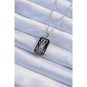 316L Çelik Zincir Gümüş Renk Siyah Mineli Tarot Kolye