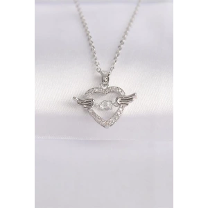 316L Çelik Zincir Gümüş Renk Zirkon Taşlı Kanatlı Kalp Kolye