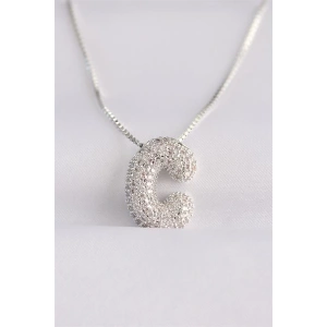 316L Çelik Zincirli Zirkon Taşlı C Harfli Silver Renk Bubble Kolye