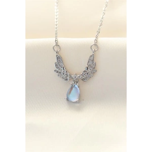 316L Zinciri Çelik Zirkon Taşlı Gümüş Renk Kanatlı Damla Kolye