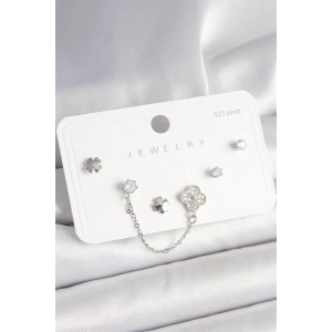 925 Ayar Gümüş Çivi Pirinç Gümüş Renk Zirkon Taşlı Yonca Model Sallantı Zincir Detay Kadın Küpe Seti