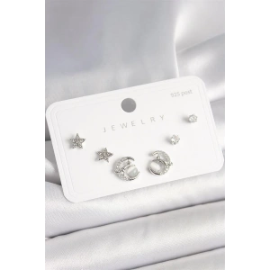 925 Ayar Gümüş Çivi Zirkon Taşlı Hilal Yıldız Model Kadın Küpe Seti