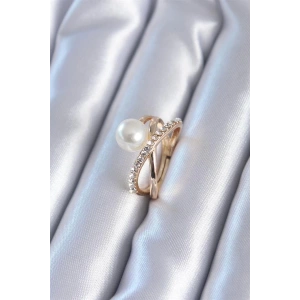 Gold Renk İncili Zirkon Taşlı Kadın Yüzük