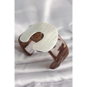 Kahverengi Mermer Desen Akrilik Plastik Gümüş Plaka Model Vintage Kadın Bilezik