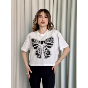 Oversize Beyaz Baskılı Crop Kadın T-Shirt